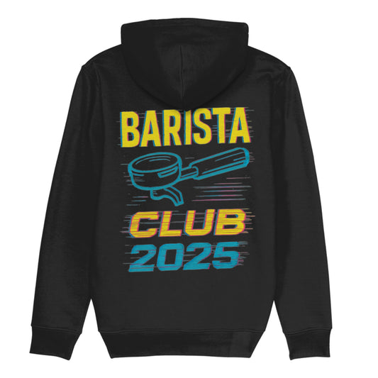 Zwarte barista hoodie met retro portafilter-design en tekst ‘Barista Club 2025’ – ideaal voor koffiepersoneel en barista teams.