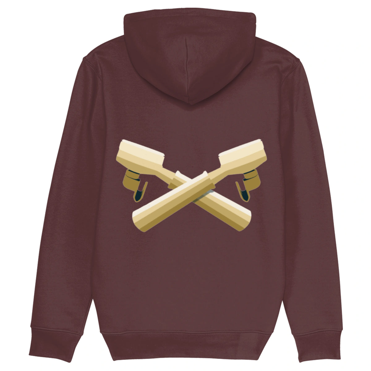 Biologische hoodie in burgundy rood met espresso piston design op de rug.