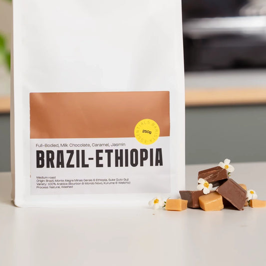 Detail van het etiket van de Brazilië–Ethiopië blend