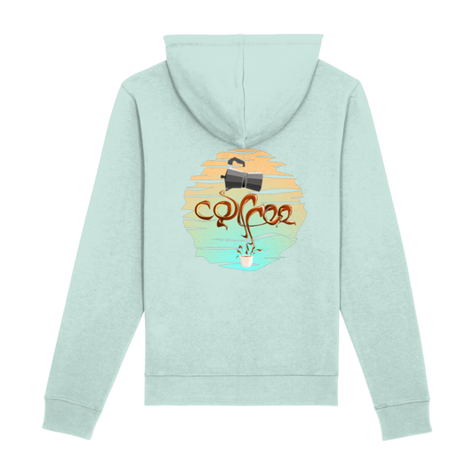 Achterkant van mintgroene Drummer 2.0 hoodie met kleurrijke koffie-art print – perfecte hoodie voor barista’s en koffieliefhebbers.