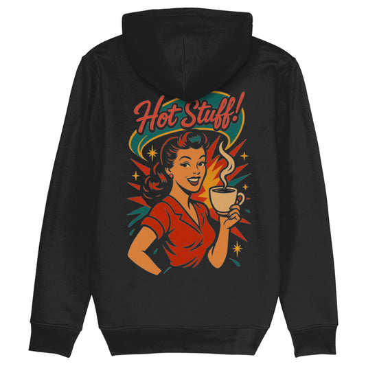 Zwarte hoodie van biologisch katoen met retro pin-up illustratie en de tekst ‘Hot Stuff!’ – fifties diner stijl met koffieprint voor barista’s en koffiefans.