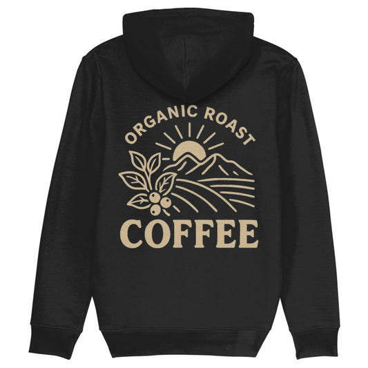 Zwarte hoodie met minimalistisch koffieplant design en tekst ‘Organic Roast Coffee’ – duurzame hoodie van biologisch katoen voor koffieliefhebbers.