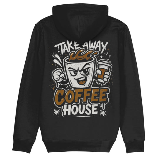 Zwarte hoodie van biologisch katoen met cartoon koffieprint en de tekst ‘Take Away Coffee House’ – urban stijl voor barista’s, koffie crews en koffiefans.