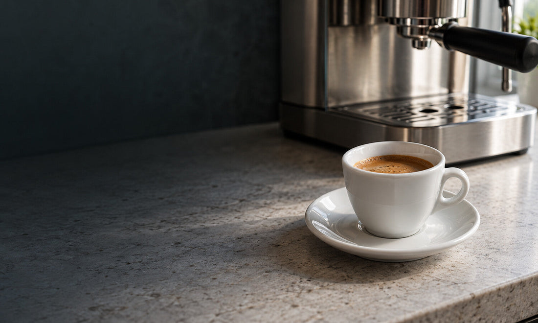 Wit espressokopje naast een espressomachine op een keukenblad