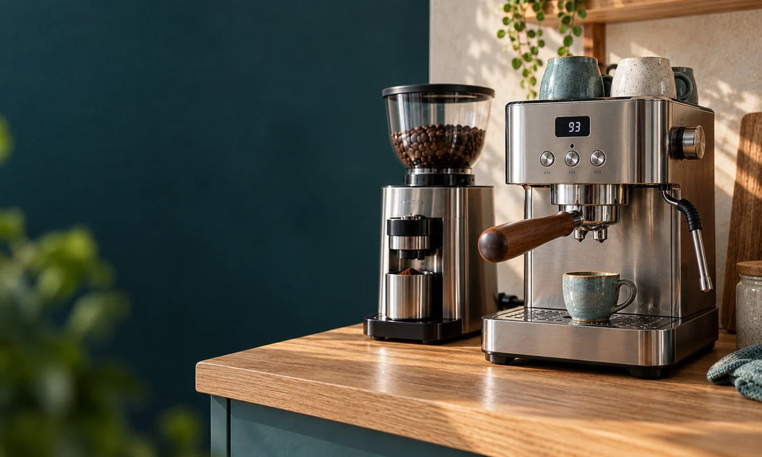 Espressomachine met temperatuurdisplay en koffiemolen op een houten keukenblad.