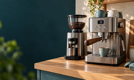 Espressomachine met temperatuurdisplay en koffiemolen op een houten keukenblad.
