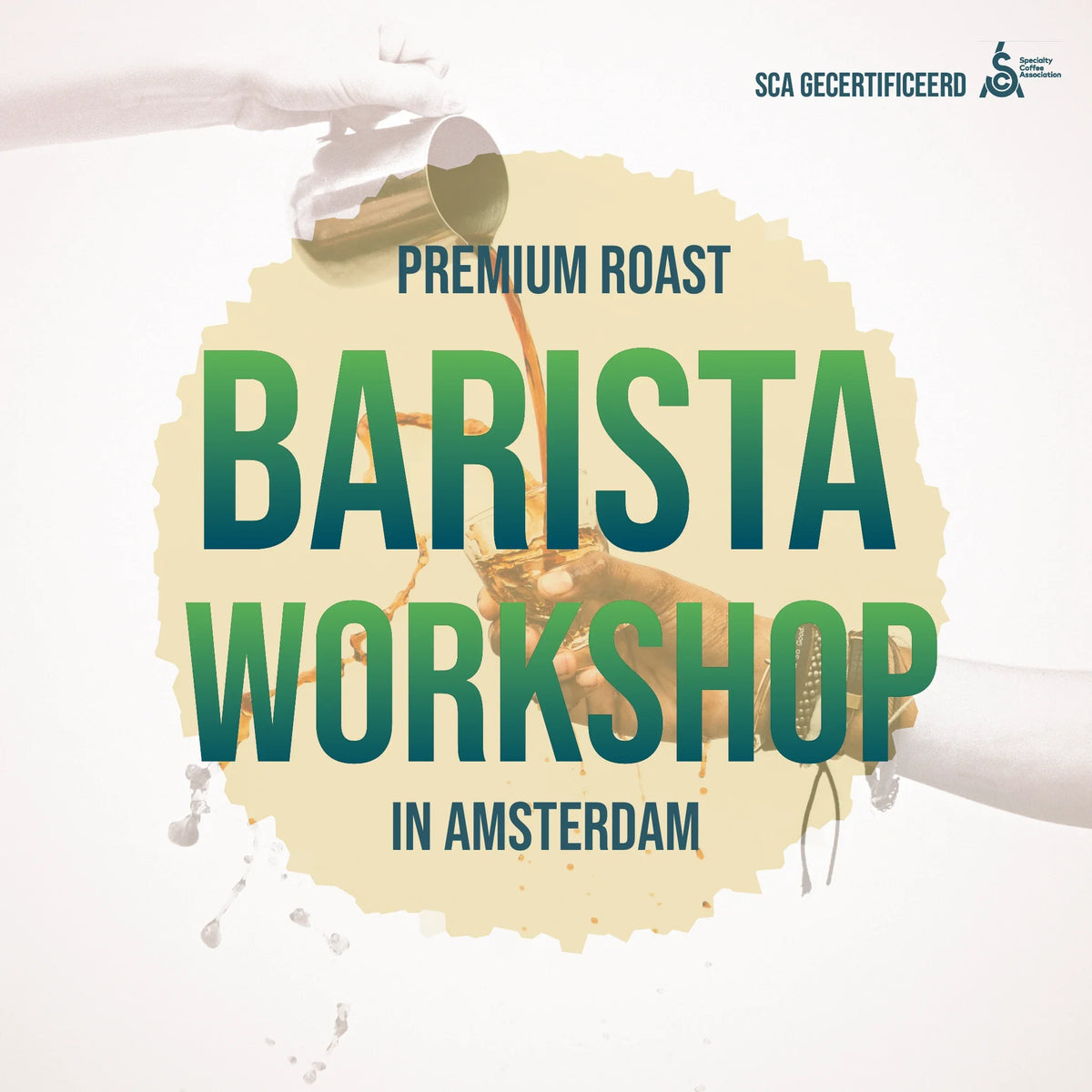 Image showing 'Barista Workshop in Amsterdam' text – English coffee class with latte art training for tourists, expats and English-speaking locals