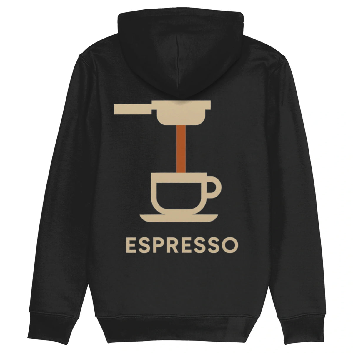 Zwarte hoodie met espresso design op de rug – koffiekopje onder portafilter met koffiestraal en ‘ESPRESSO’ in beige letters