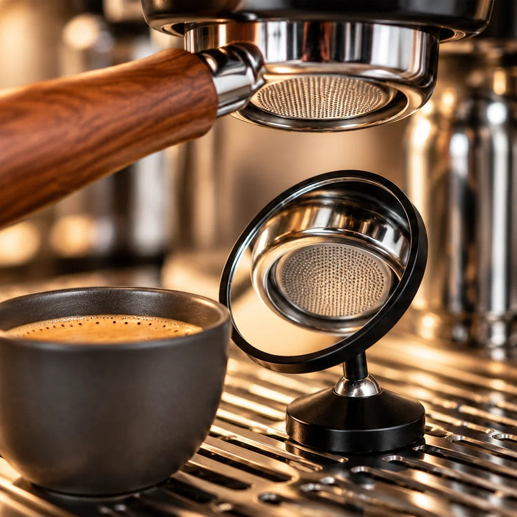 Shotmirror naast een kopje onder een naked portafilter