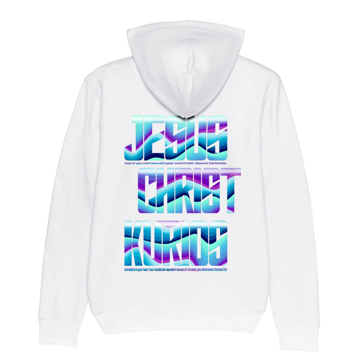 Witte christelijke hoodie met Jesus Christ Kurios rugprint in lichtblauw, donkerblauw, turquoise en paars