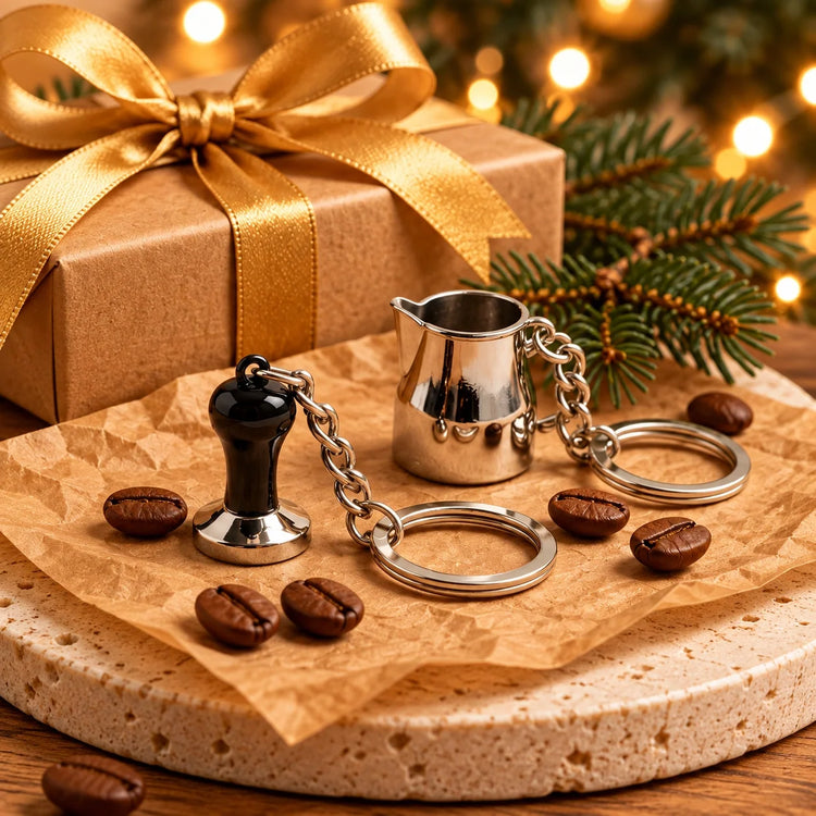 Koffie-sleutelhangers bij een kerstcadeau met goud lint