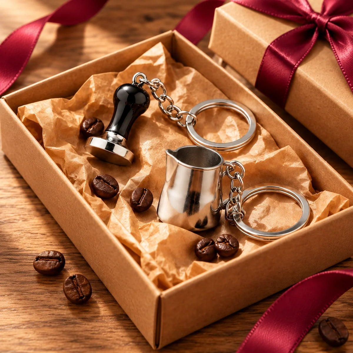 Koffie-sleutelhangers in tamper- en melkkanvorm bij een klein Sinterklaascadeautje