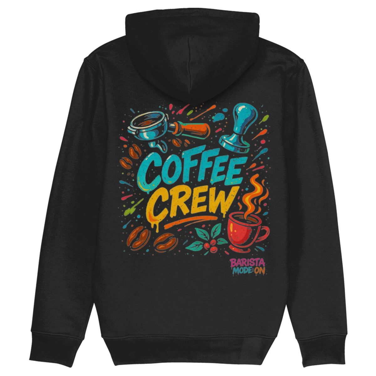 Kleurrijke barista hoodie met portafilter-illustratie en Coffee Crew tekst – origineel cadeau voor koffieliefhebbers
