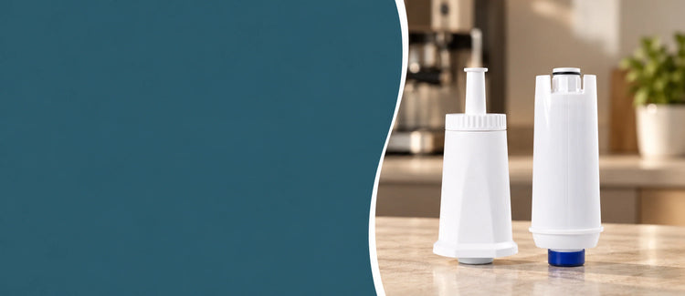 Twee waterfilterpatronen met verschillende aansluitingen naast een espressomachine