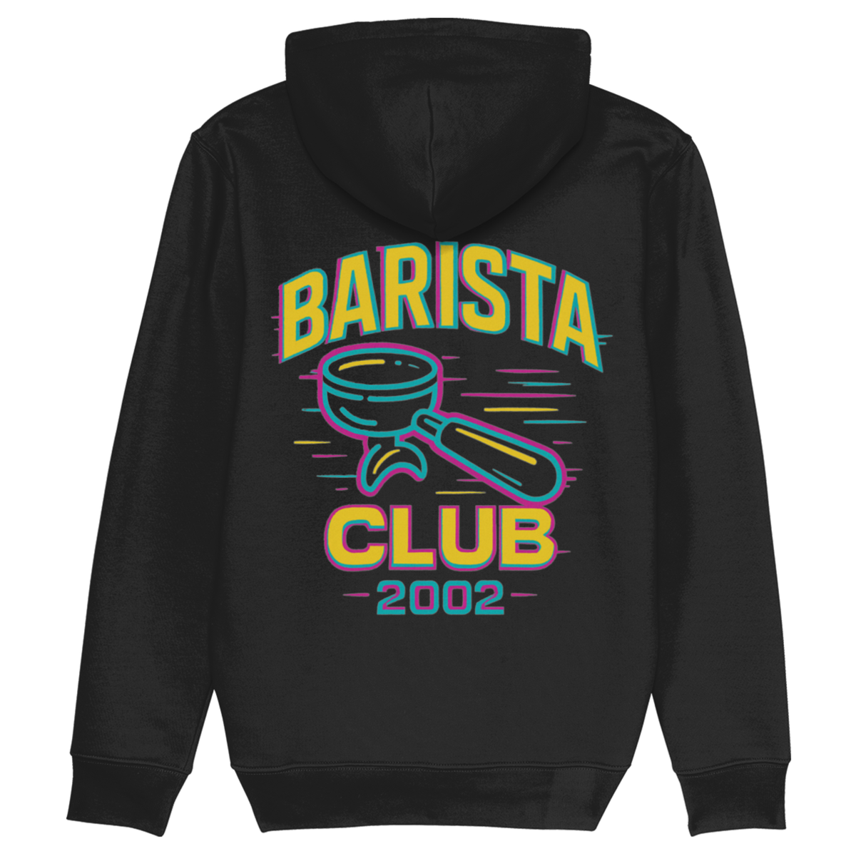 Zwarte hoodie met kleurrijk portafilter design en tekst ‘Barista Club 2002’ – retro barista kleding van biologisch katoen, ideaal voor koffieprofessionals.