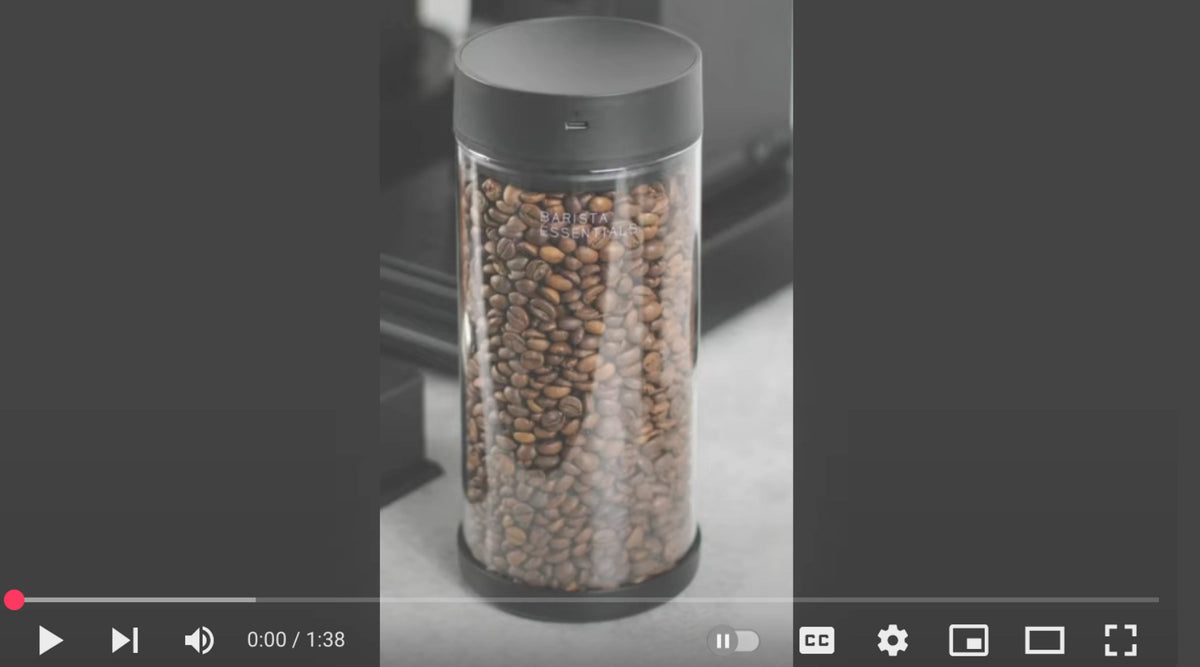 Load video: Barista Essentials automatic vacuum coffee bean canister in 250g and 500g sizes – a smart storage solution to keep coffee beans fresh for longer, with a display, USB-C, and a luxurious design.