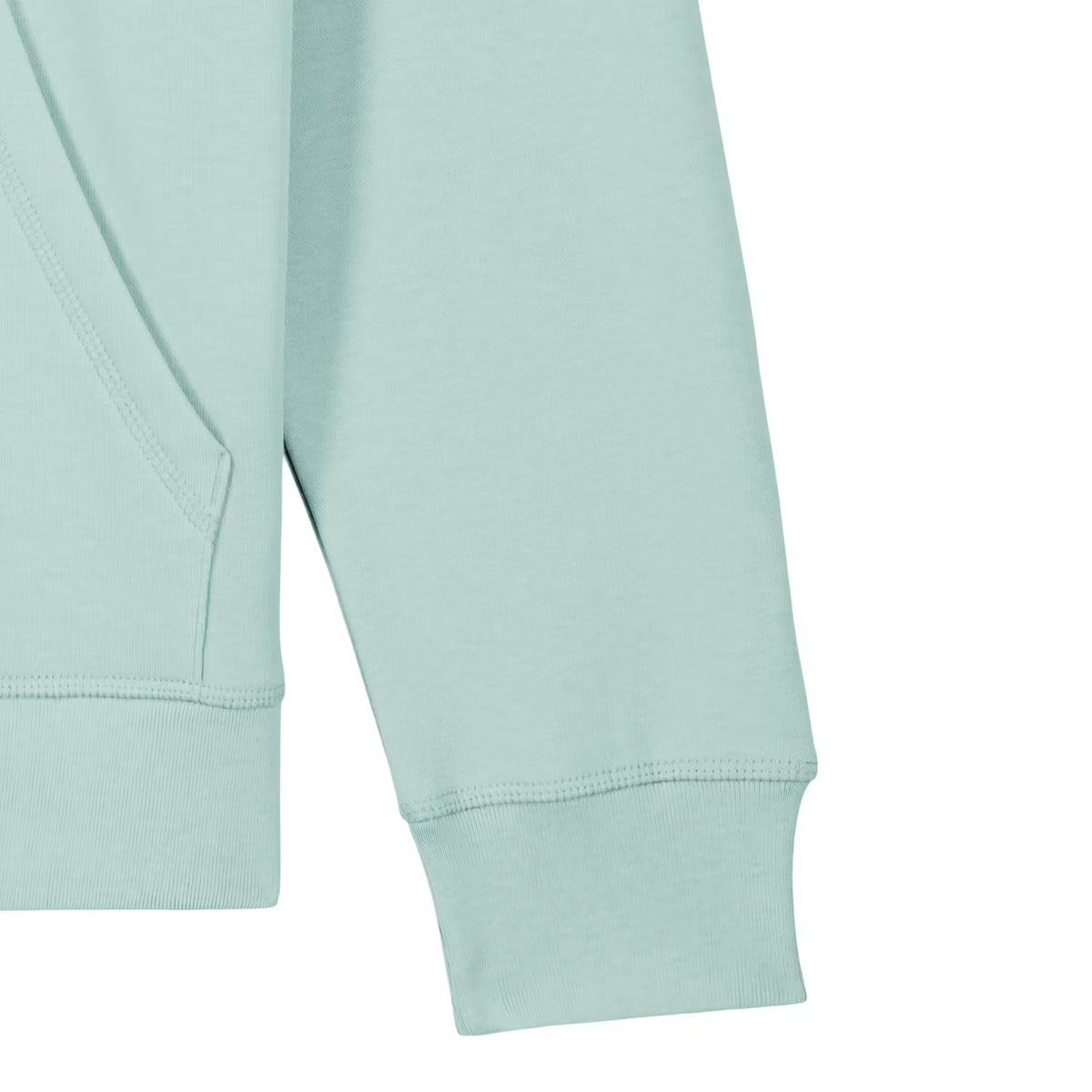 Detail van mouw en zoom van duurzame barista hoodie – hoogwaardige afwerking en materiaal.