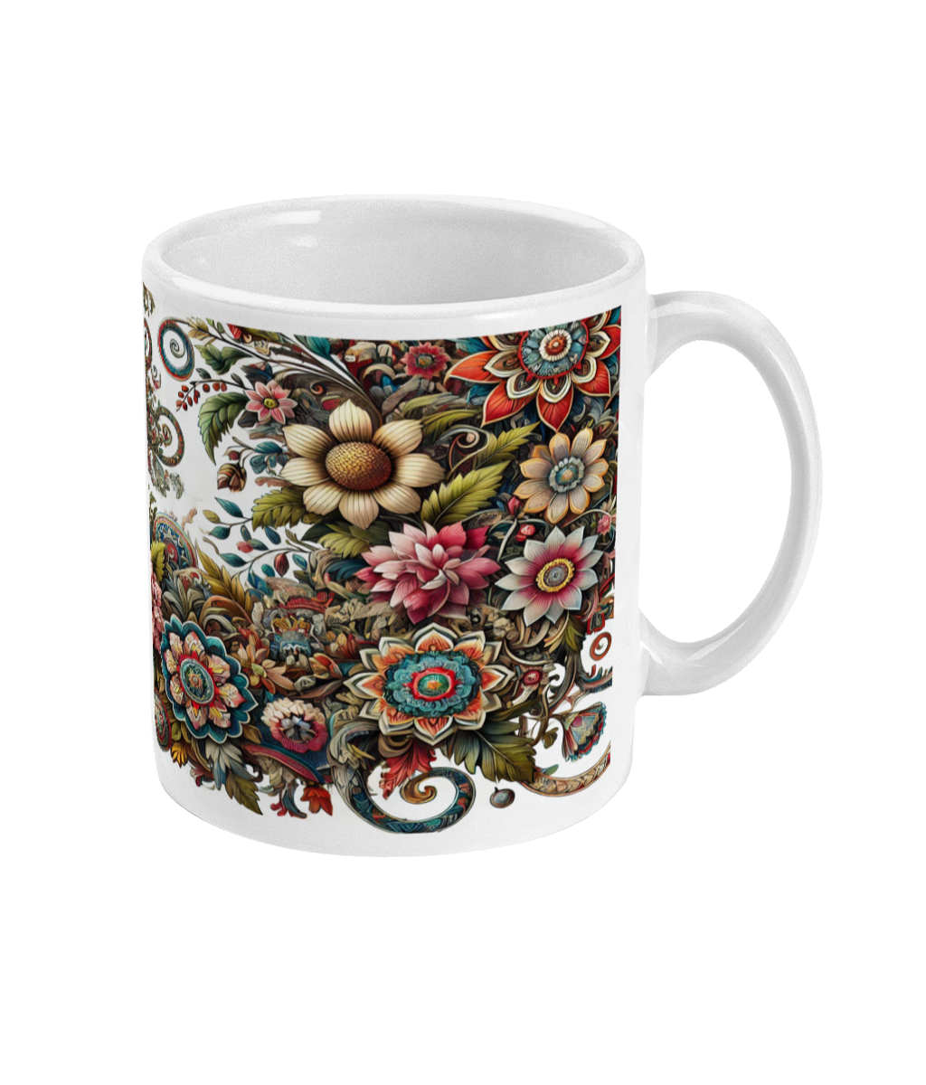 Bedrukte koffiemok met florale print en vrolijke bloemen.