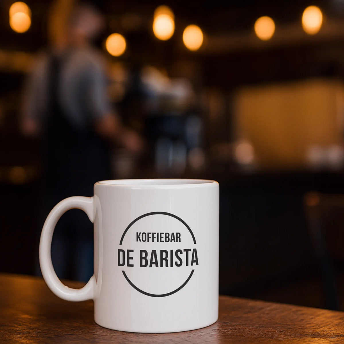Witte keramische koffiemok met het logo ‘Koffiebar De Barista’ op een houten tafel in een sfeervolle horecazaak