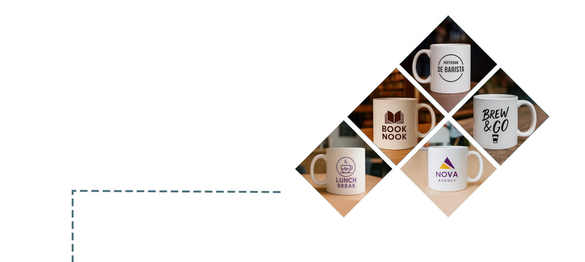 Vijf gepersonaliseerde koffiemokken met verschillende bedrijfslogo’s – perfect als relatiegeschenk of event giveaway – De Barista Shop.