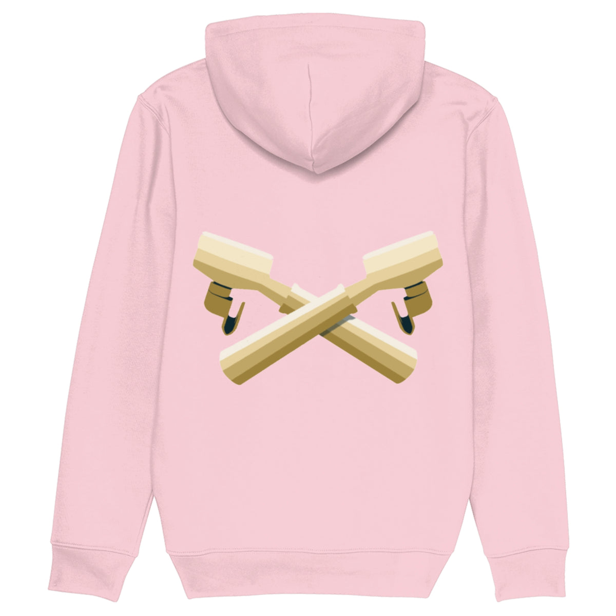 Roze biologische barista hoodie met koffie filterdrager print op de rug.