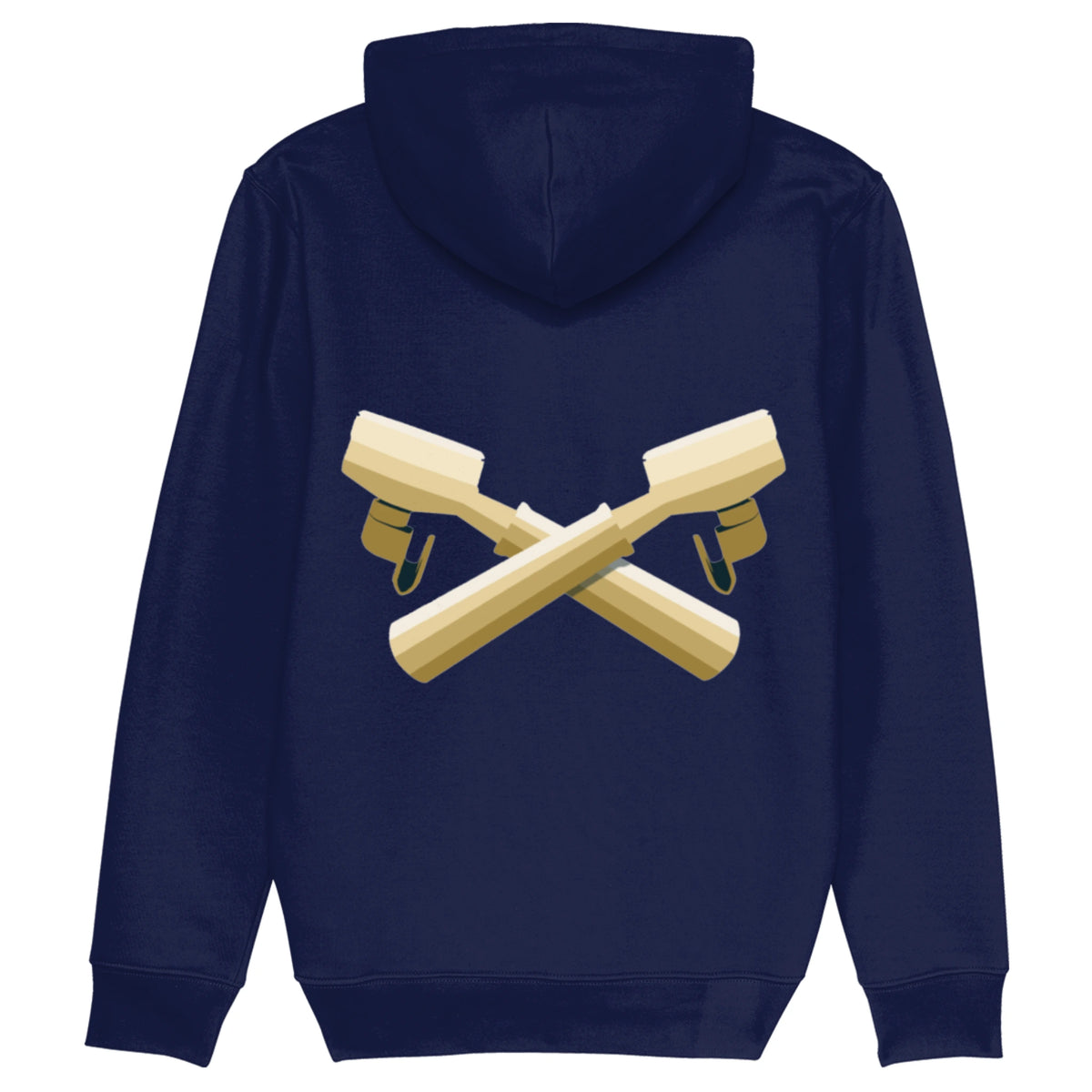Donkerblauwe barista hoodie van biologisch katoen met espresso pistons op de achterkant.