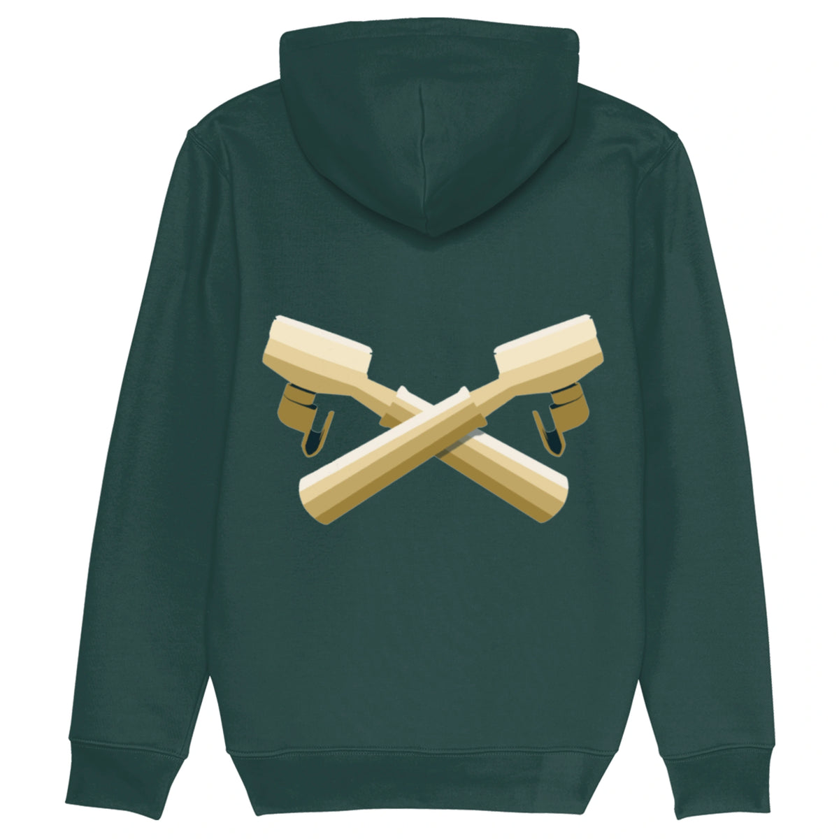 Groene biologische hoodie met unieke barista print van twee koffie filterdragers.