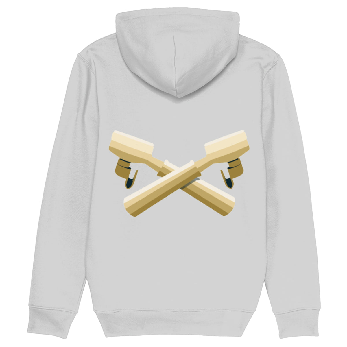 Grijze eco-vriendelijke hoodie met barista espresso design op de rug.