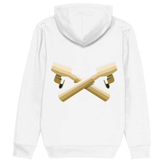 Witte biologische hoodie met espresso filterdragers op de rug, ideaal voor koffiefans.