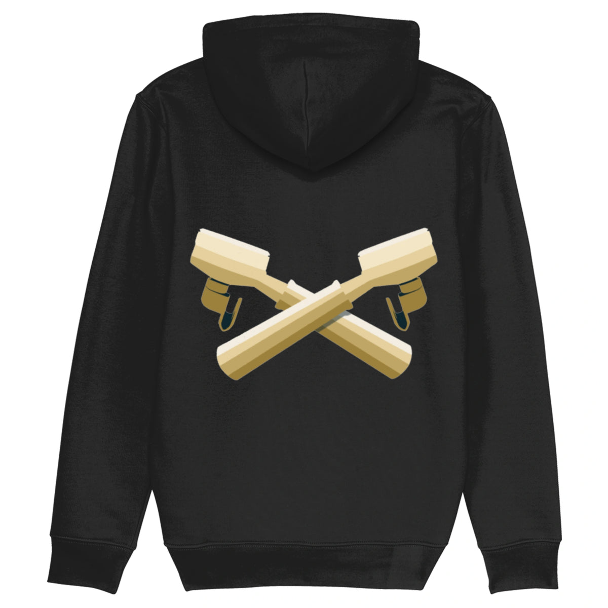 Zwarte biologische hoodie voor koffieliefhebbers met espresso design achterzijde.