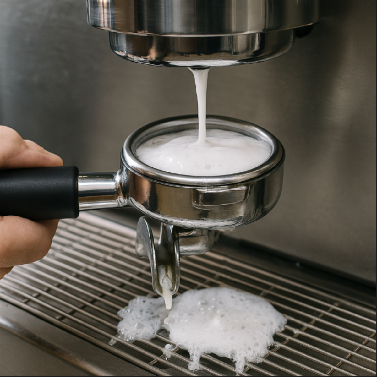 Portafilter met blindfilter vol reinigingsschuim tijdens schoonmaak van espressomachine.
