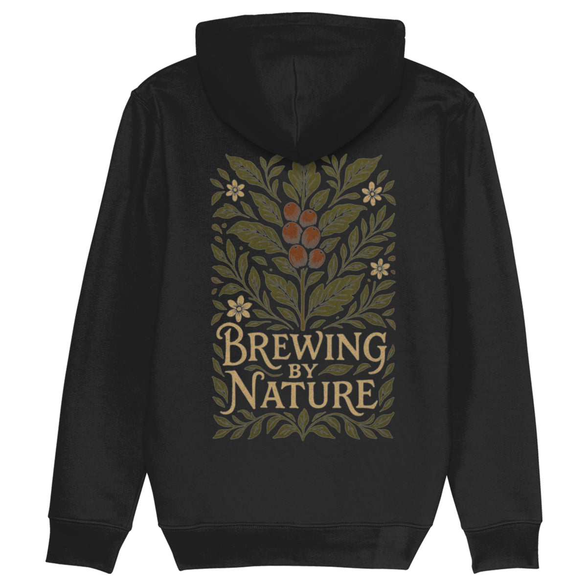 Zwarte hoodie van biologisch katoen met botanische koffieprint en tekst ‘Brewing by Nature’ – duurzaam streetwear ontwerp voor koffieliefhebbers en barista’s.