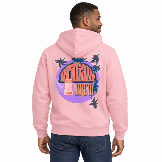 Brilliant Brew Cotton Pink – gedragen rugaanzicht met originele print op witte achtergrond.