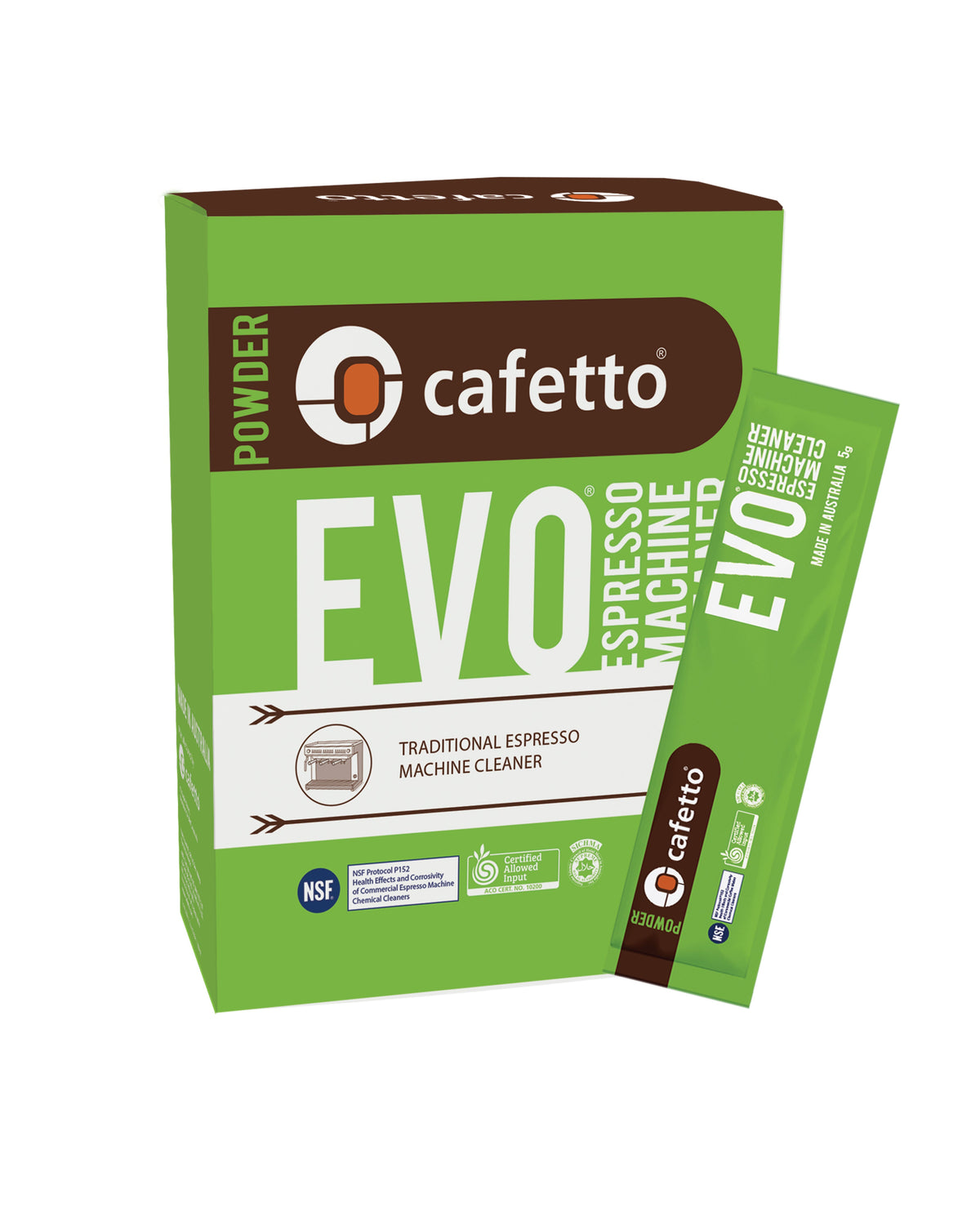 Doos Cafetto EVO met een los reinigingszakje voor espressomachines