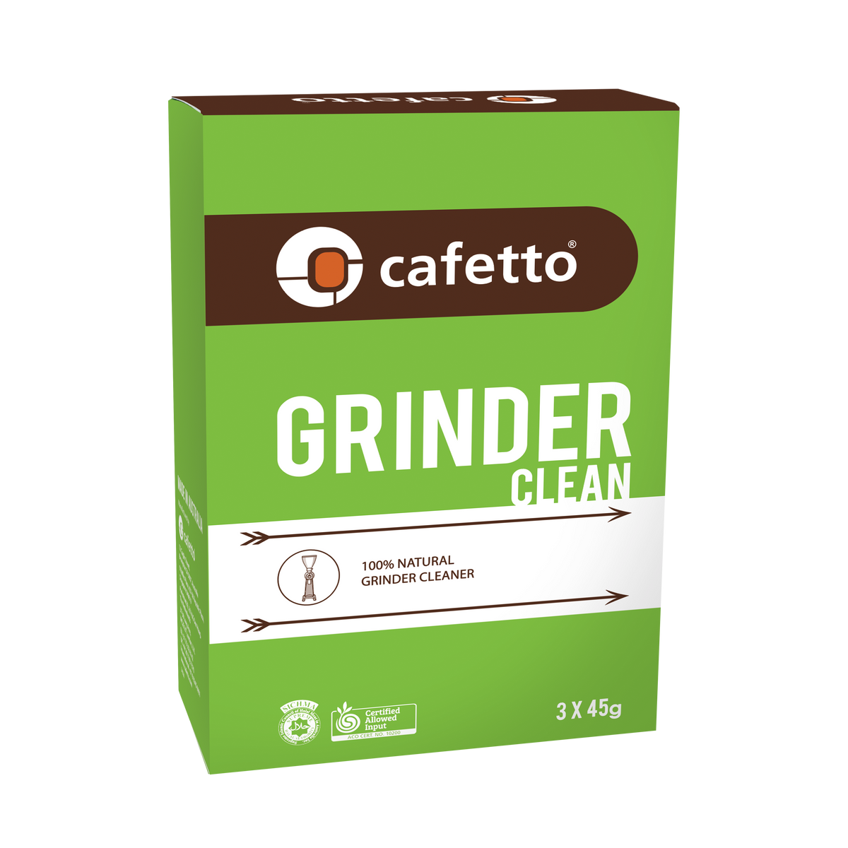 Verpakking Cafetto Grinder Clean met drie zakjes van 45 gram