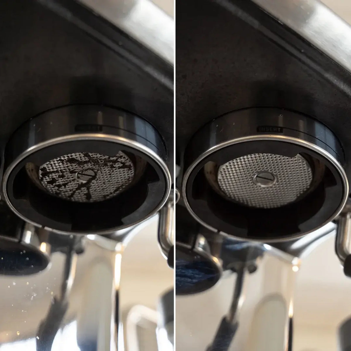 Douchezeef van een espressomachine voor en na het schoonmaken