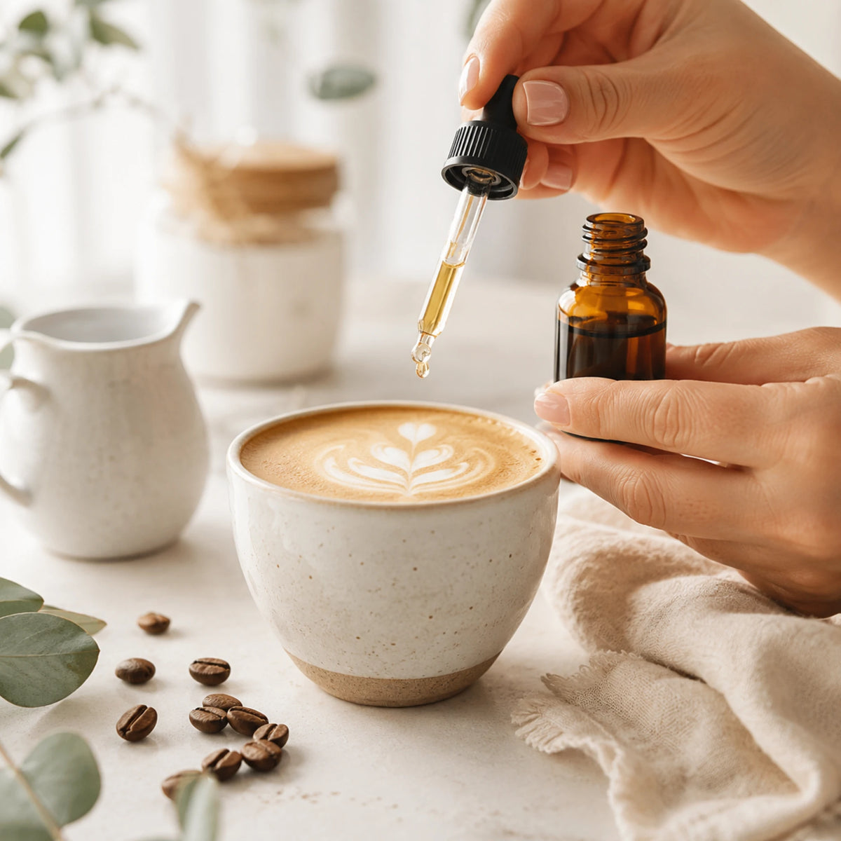 CBD-olie wordt met een pipet aan een vers gezette latte toegevoegd