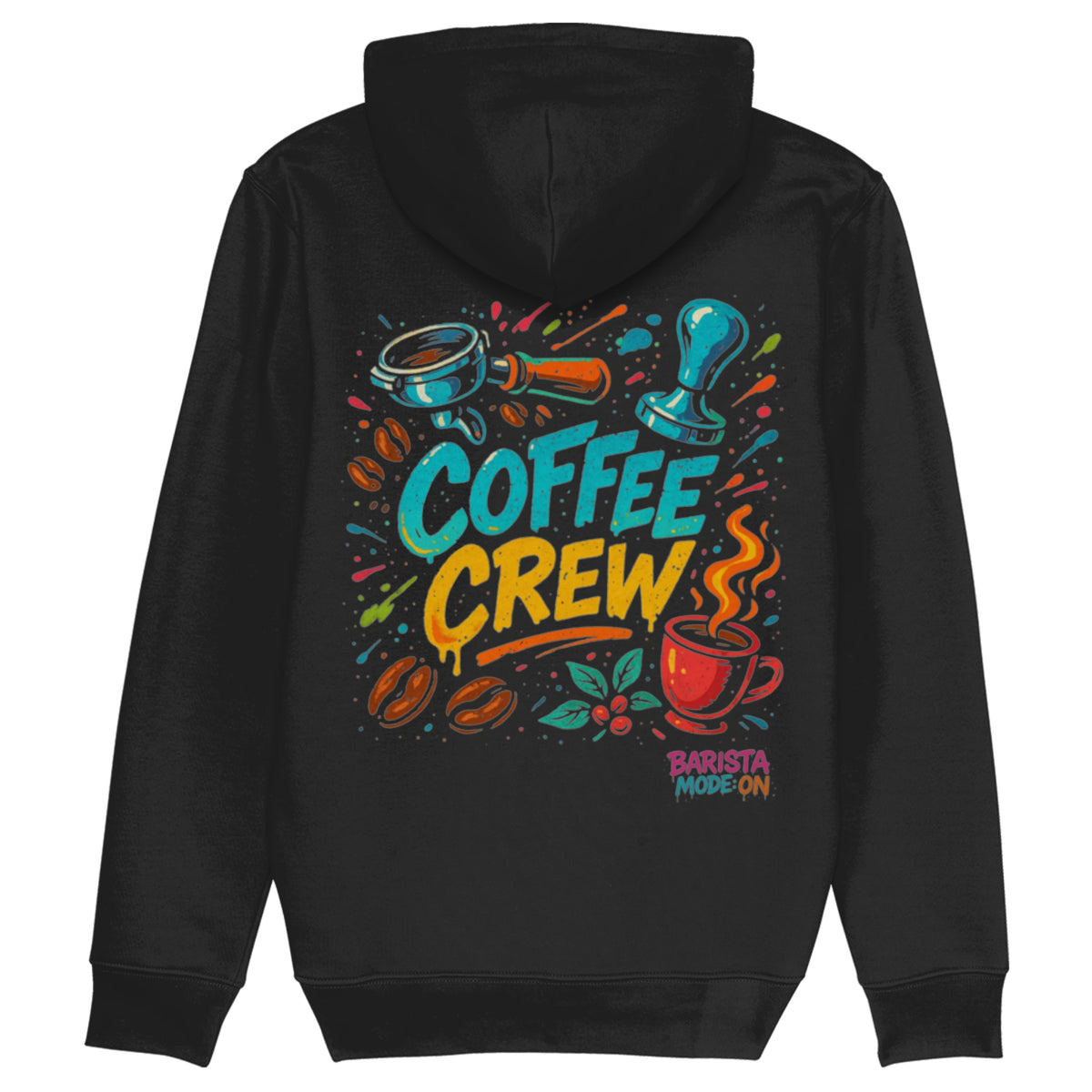 Zwarte hoodie met kleurrijk graffiti-design van portafilter, tamper en tekst ‘Coffee Crew – Barista Mode On’ – streetwear voor koffieteams en barista’s.