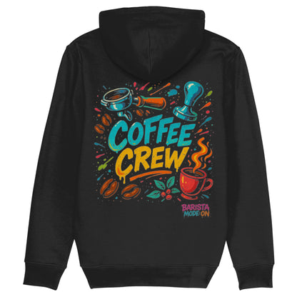 Zwarte hoodie met kleurrijk graffiti-design van portafilter, tamper en tekst ‘Coffee Crew – Barista Mode On’ – streetwear voor koffieteams en barista’s.