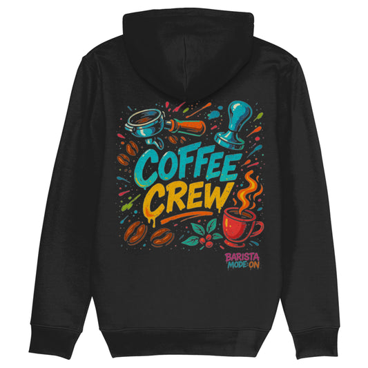 Zwarte hoodie met kleurrijk graffiti-design van portafilter, tamper en tekst ‘Coffee Crew – Barista Mode On’ – streetwear voor koffieteams en barista’s.