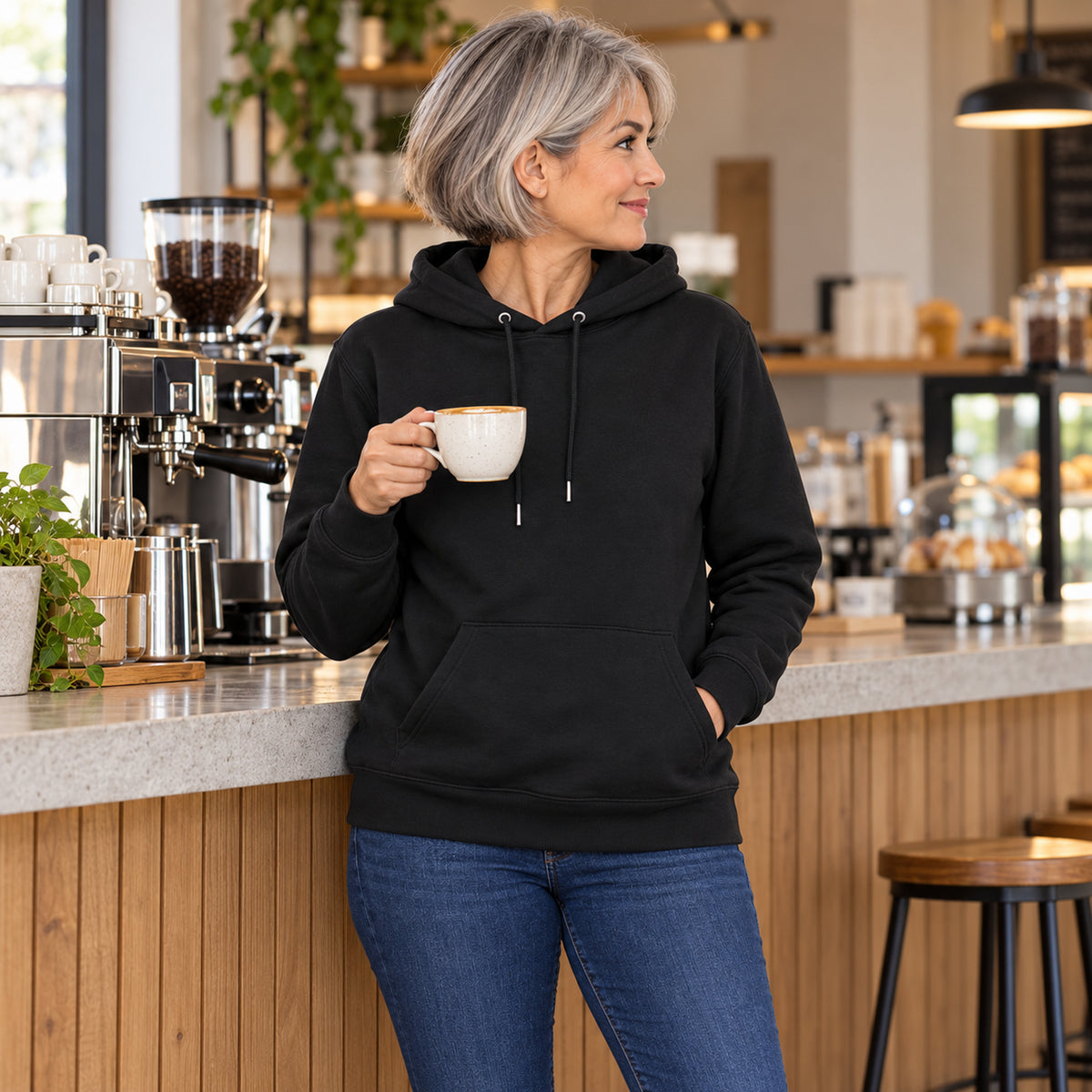 Coffee Crew Barista Mode On Hoodie | Street-Art Graffiti — onbedrukte voorzijde met hetzelfde model bij een koffiemoment.