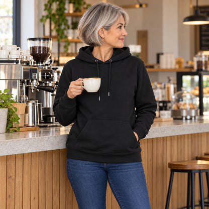 Coffee Crew Barista Mode On Hoodie | Street-Art Graffiti — onbedrukte voorzijde met hetzelfde model bij een koffiemoment.