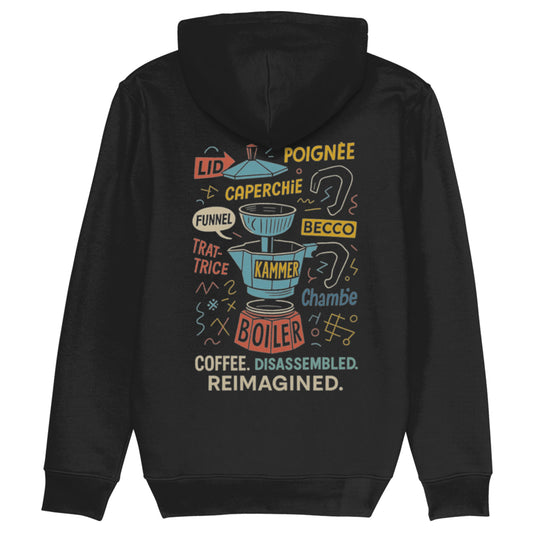 Zwarte hoodie met postmodern mokkapotdesign in meerdere talen en felle kleuren – ideaal voor barista’s, designliefhebbers en espresso nerds.