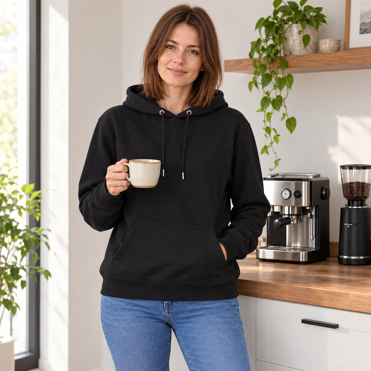 Coffee Disassembled Reimagined Hoodie | Post-Modern Style — onbedrukte voorzijde met hetzelfde model bij een koffiemoment.