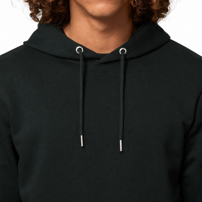 Detail van ronde zwarte koorden, metalen oogjes en koorduiteinden van de Cruiser 2.0 hoodie.