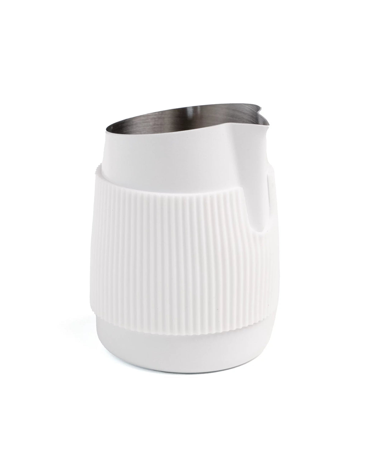 Witte handvatloze melkkan 400 ml met witte siliconen hoes