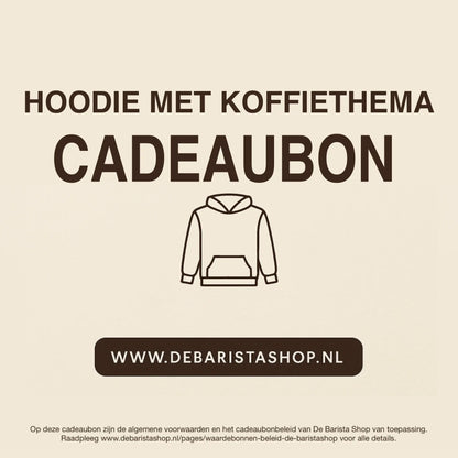 Digitale cadeaubon voor hoodie met koffiethema van De Barista Shop met minimalistisch hoodie icoon, perfect cadeau voor koffieliefhebbers – de online giftcard is inwisselbaar voor hoodies met koffieprints, art en opdrukken. Direct online te bestellen en te verzenden via debarista.com.