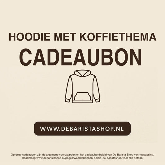 Digitale cadeaubon voor hoodie met koffiethema van De Barista Shop met minimalistisch hoodie icoon, perfect cadeau voor koffieliefhebbers – de online giftcard is inwisselbaar voor hoodies met koffieprints, art en opdrukken. Direct online te bestellen en te verzenden via debarista.com.
