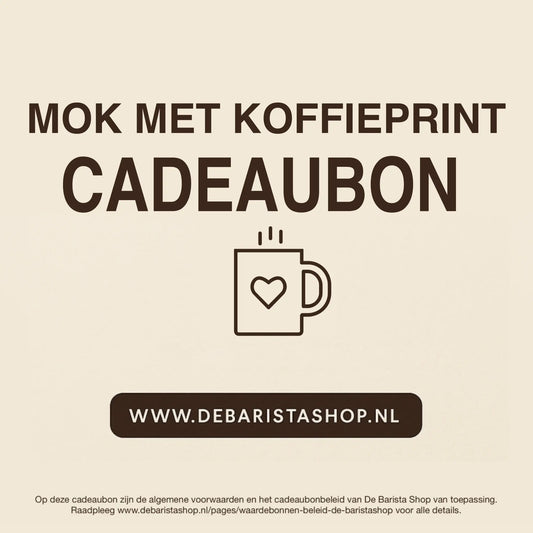 Digitale cadeaubon voor mokken meet koffieprint van De Barista Shop met minimalistisch mok icoon, perfect cadeau voor koffieliefhebbers – de online giftcard is inwisselbaar voor mokken met koffiethema's en bedrukkingen. Direct online te bestellen en te verzenden via debarista.com.