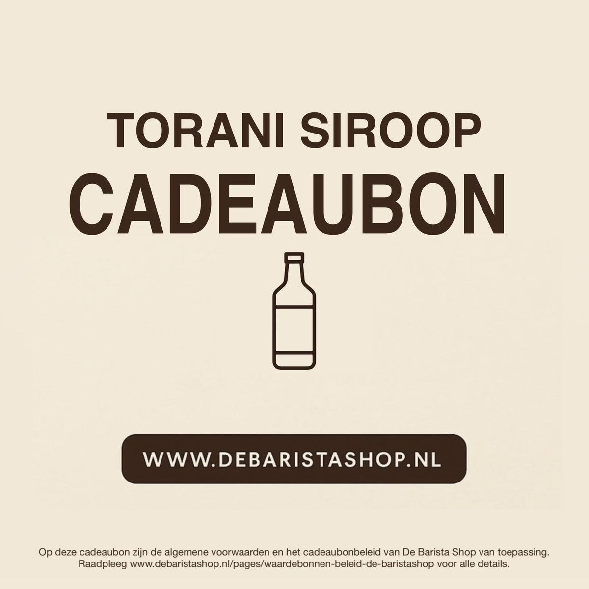 Digitale cadeaubon voor koffiesiroop van De Barista Shop met minimalistisch flesicoon, perfect cadeau voor koffieliefhebbers – de online giftcard is inwisselbaar voor smaken als salted caramel, vanille en hazelnoot. Direct online te bestellen en te verzenden via debarista.com.